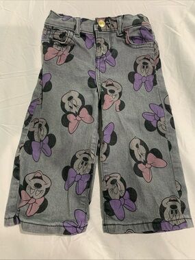 Girls' Grey Minnie Mouse Print Jeans with Pink & Purple Bows